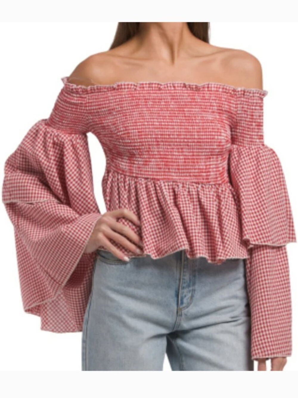 Us Together Off The Shoulder Bell Sleeve Shirred Ruffle Top, Gingham - Large